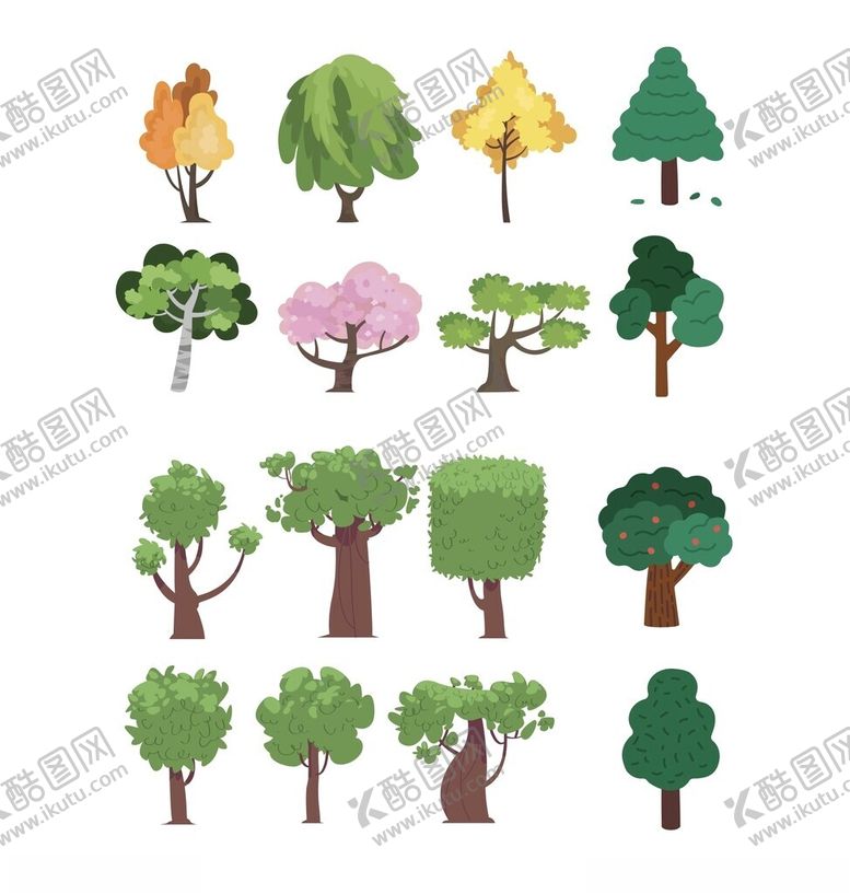 编号：66406704171107254723【酷图网】源文件下载-多样卡通树木插画集合