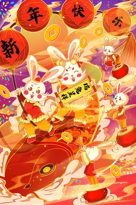 兔年插画新生肖国潮海报