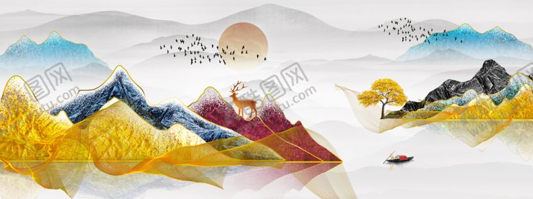 编号：28224809281028367336【酷图网】源文件下载-金箔山水麋鹿装饰画