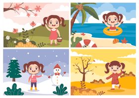 卡通女孩四季插画