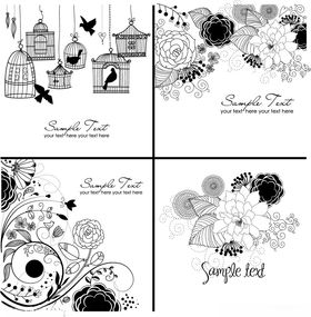 黑白花卉鸟类插画素材