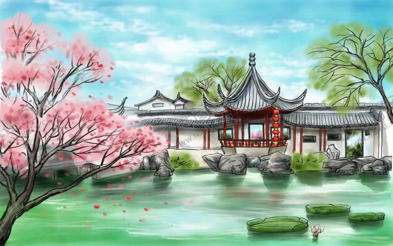 编号：63993307121513554571【酷图网】源文件下载-凉亭桃花山水清新插画背景素材