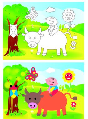 孩童骑黄牛填色卡插画