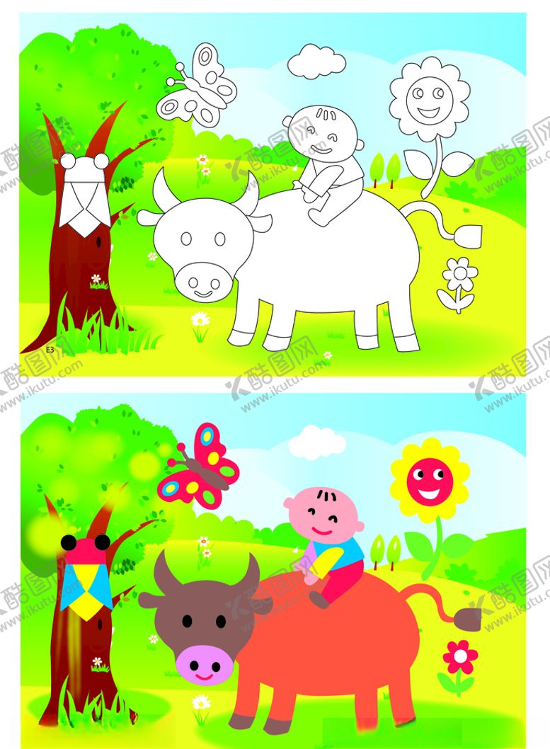 编号：28368906162154324286【酷图网】源文件下载-孩童骑黄牛填色卡插画