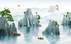 水墨山水间的悠然泛舟景