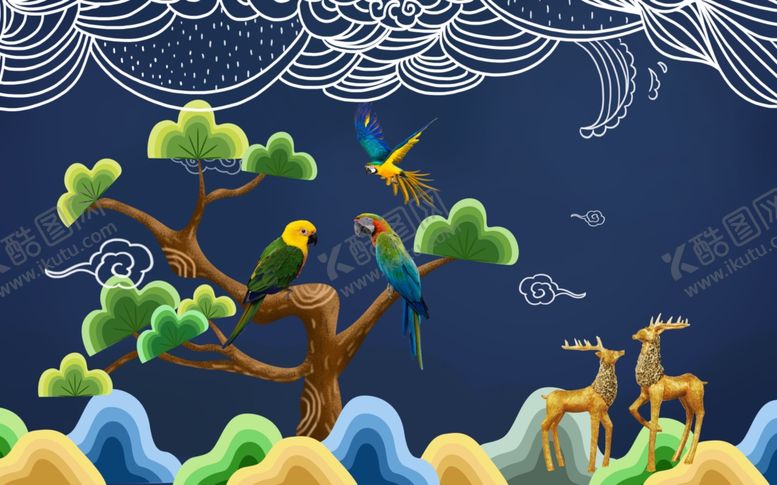 编号：78817609260340029004【酷图网】源文件下载-国潮花鸟背景墙