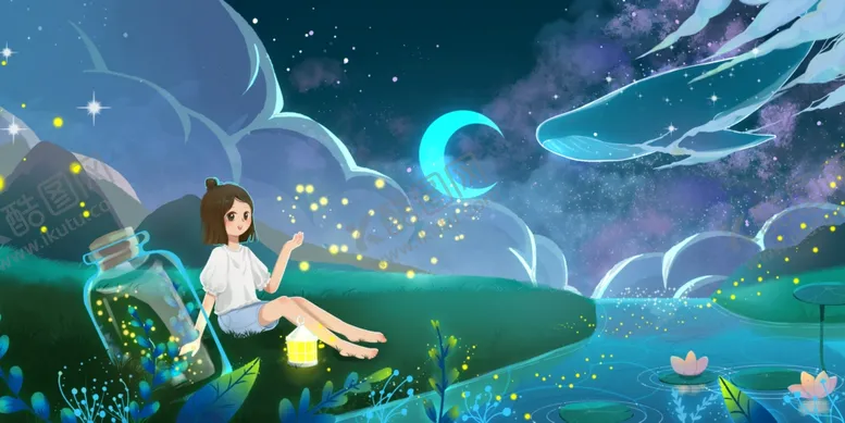 编号：62312906300937573602【酷图网】源文件下载-夏季夜空人物插画合成背景素材