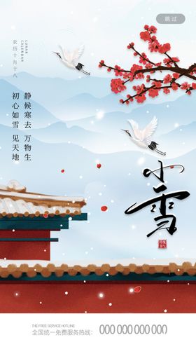 简约中国风梅花红墙创意小雪海报