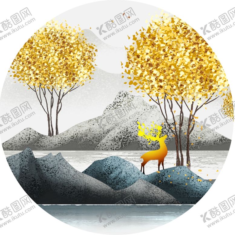 编号：94773101170412265029【酷图网】源文件下载-发财树麋鹿湖泊圆形挂画装饰画