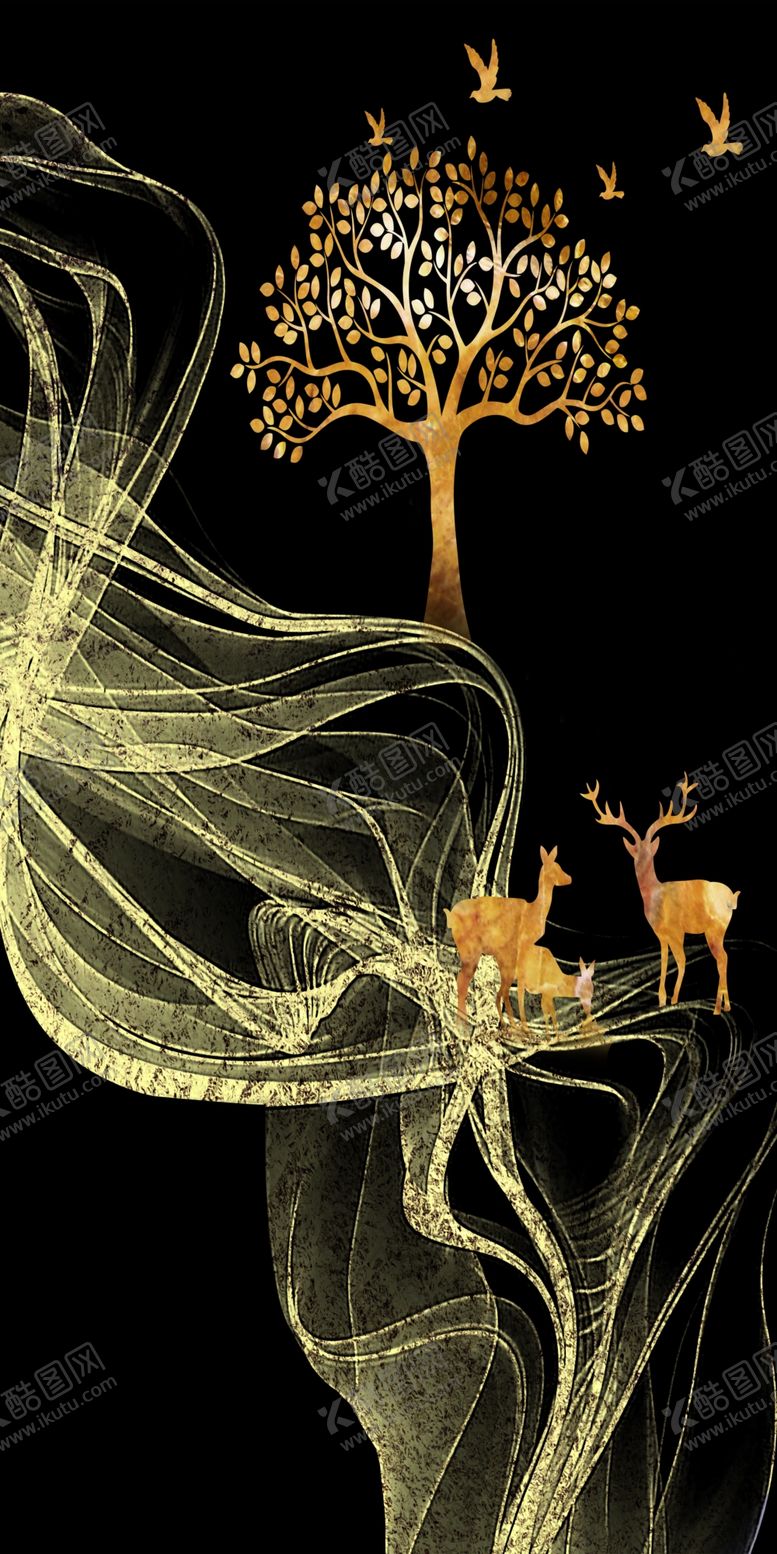 编号：74458409270208221157【酷图网】源文件下载-浮雕花树鹿玄关图