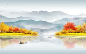 中式山水装饰画风景写意圆形装饰画