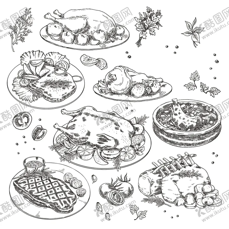 编号：39391511042018495226【酷图网】源文件下载-美食线描插画