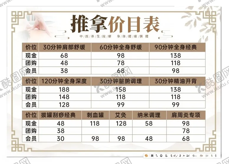 编号：53375006081252209712【酷图网】源文件下载-推拿价目表