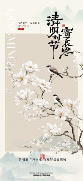 清明中式古风玉兰花枝插画