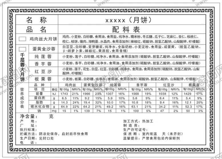 编号：63281409180924236481【酷图网】源文件下载-月饼配料表