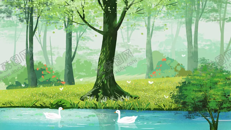 编号：14527904211339373738【酷图网】源文件下载-林间湖畔的优雅白鹅