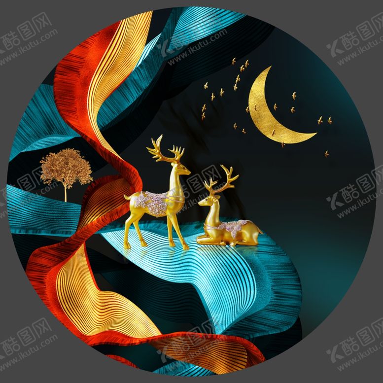 编号：53493904161607445360【酷图网】源文件下载-金色麋鹿圆形装饰画