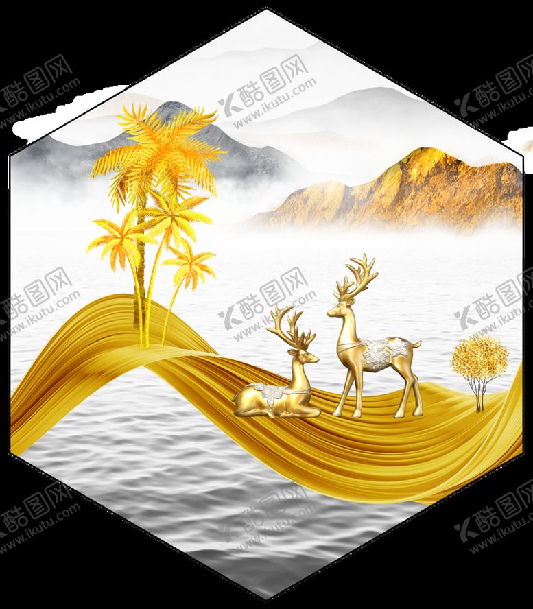 编号：16380409142226359763【酷图网】源文件下载-金色麋鹿山水意境晶瓷画