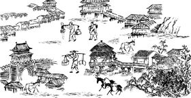 古代场景线稿矢量
