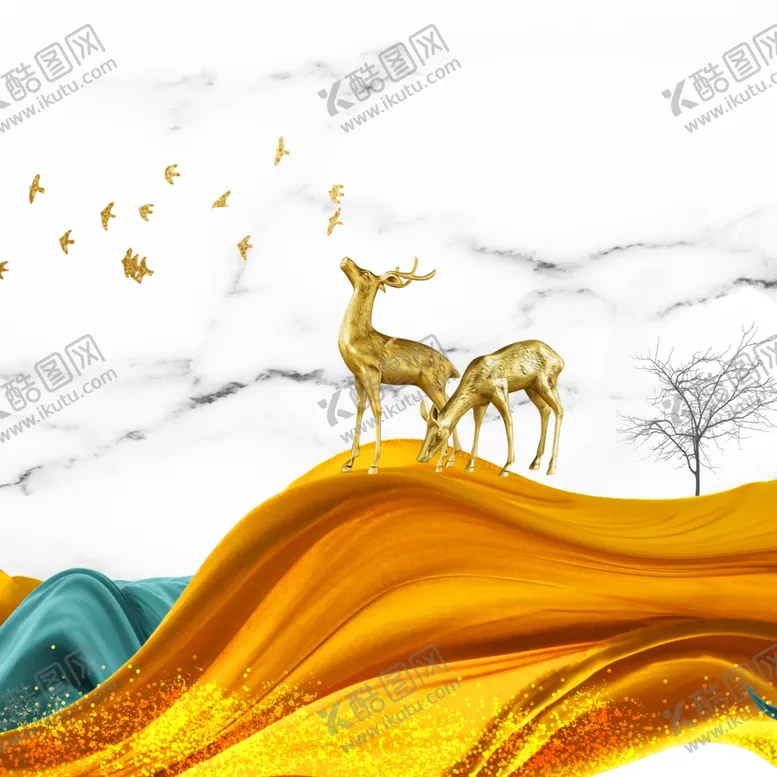 编号：31801001162236364413【酷图网】源文件下载-金色麋鹿山脉飞鸟挂画装饰画