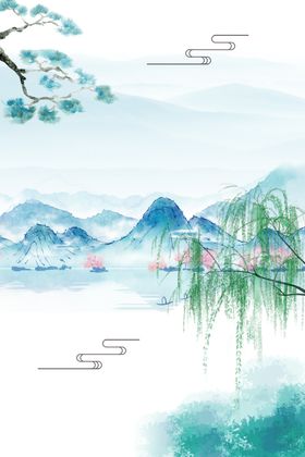 手绘古风柳树风景图