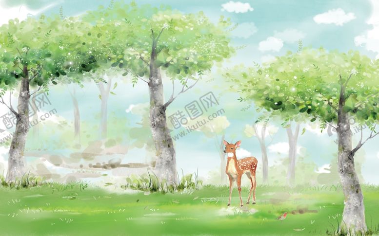 编号：24058310291819152991【酷图网】源文件下载-树鹿草地背景墙