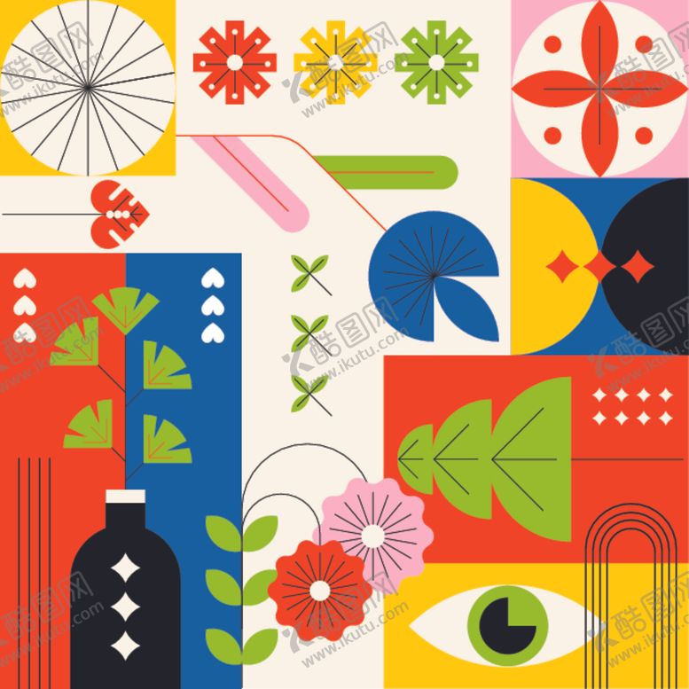 编号：97796610060354105410【酷图网】源文件下载-多彩几何花卉创意图案设计