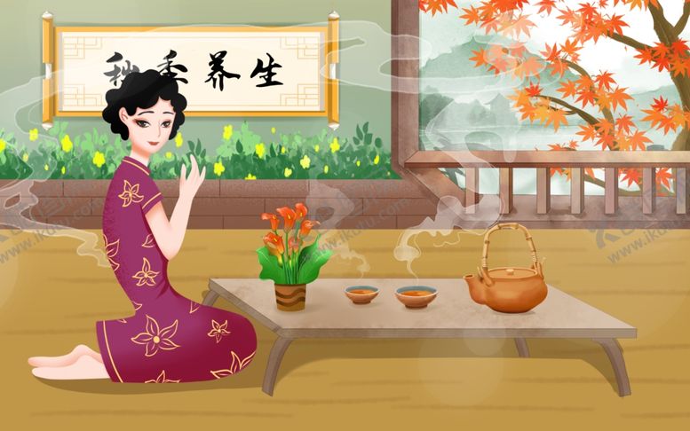编号：83686002190046462274【酷图网】源文件下载-秋季养生美女喝茶插画