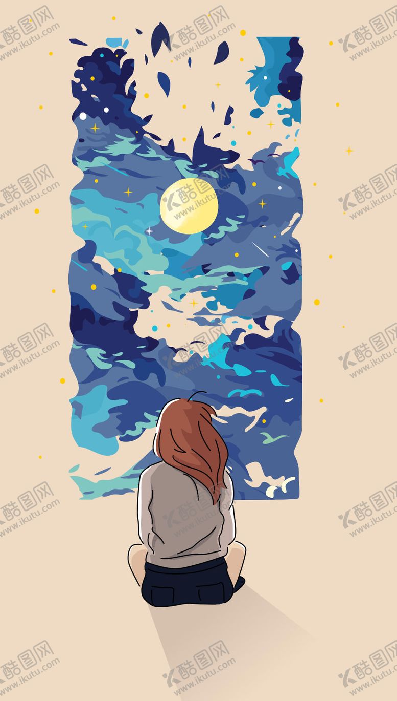 编号：89356209081435547278【酷图网】源文件下载-女孩凝视梦幻星空画作