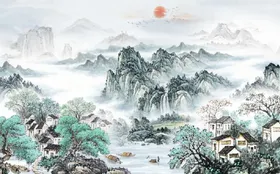 仿古青绿山水国画电视背景墙