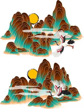 中式山水飞鸟日出插画