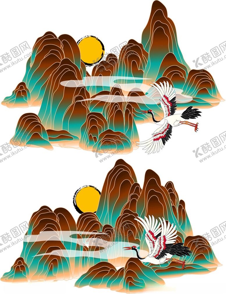 编号：32413311192247396658【酷图网】源文件下载-中式山水飞鸟日出插画