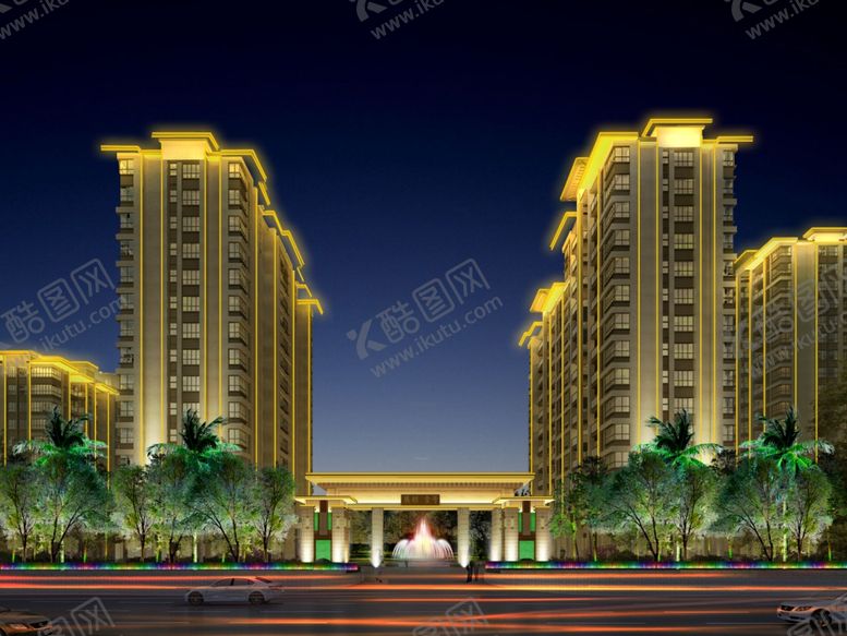 编号：41749309190512255343【酷图网】源文件下载-小区入口亮化灯光夜景