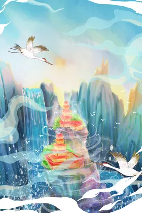 国潮山水插画中风