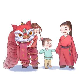 舞狮插画龙年新春喜庆2024