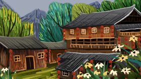 山间木屋旁的烂漫花丛