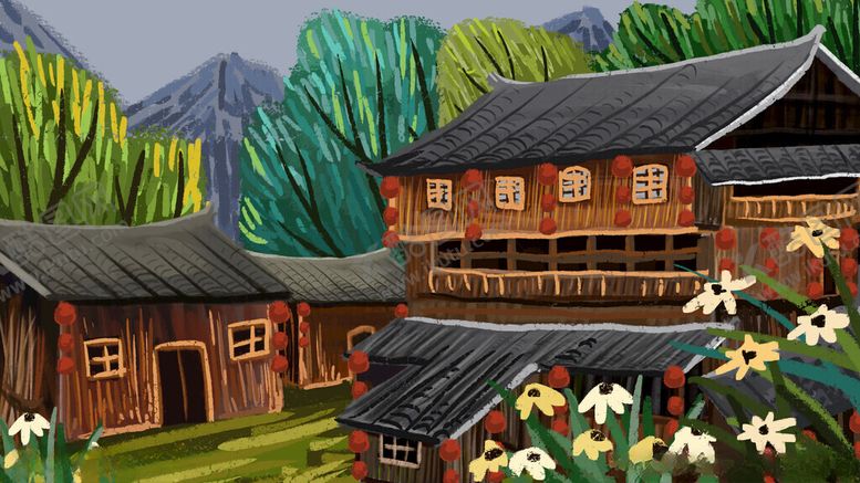 编号：92433204050230045396【酷图网】源文件下载-山间木屋旁的烂漫花丛