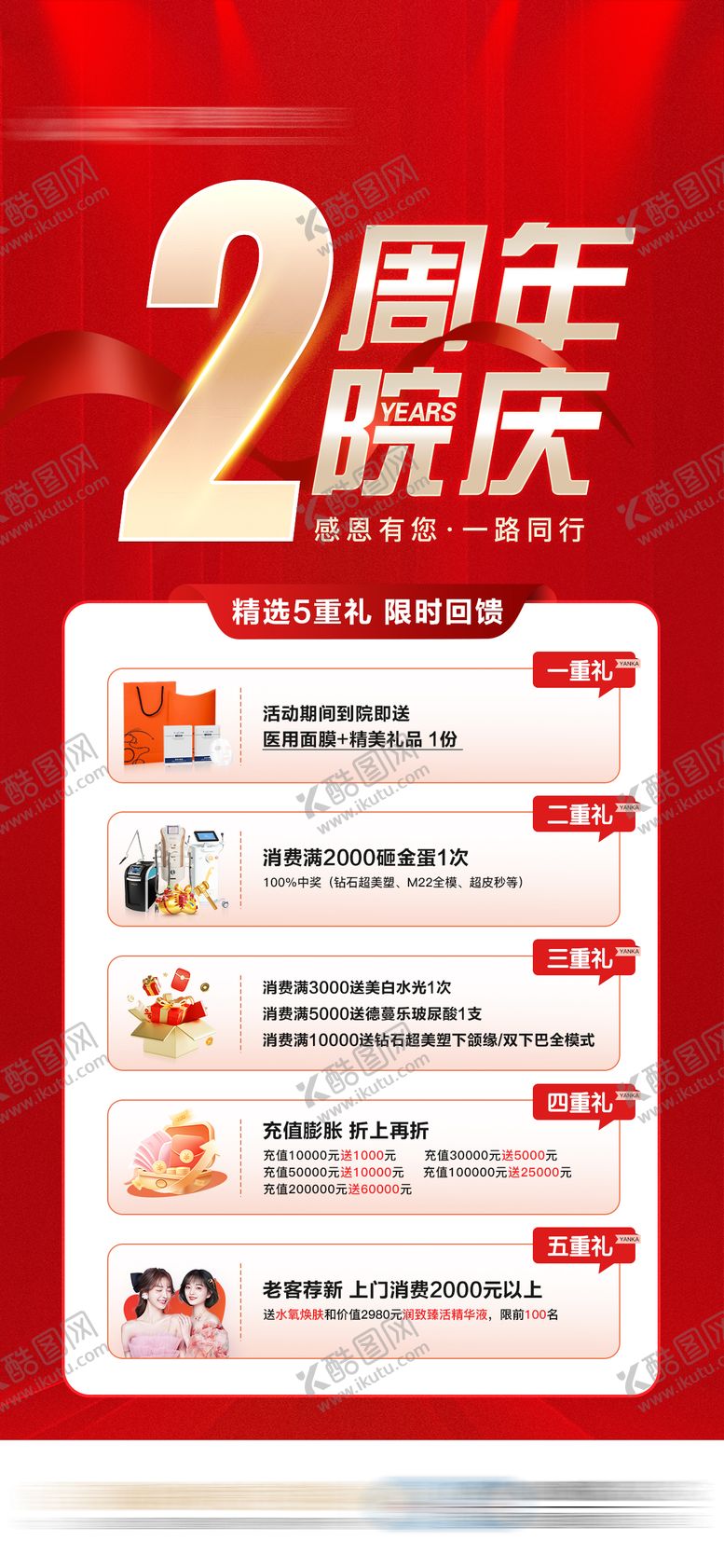 编号：24414709080641599370【酷图网】源文件下载-两周年院庆礼遇医美五重礼海报