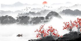水墨山水新中式装饰画画图抽象