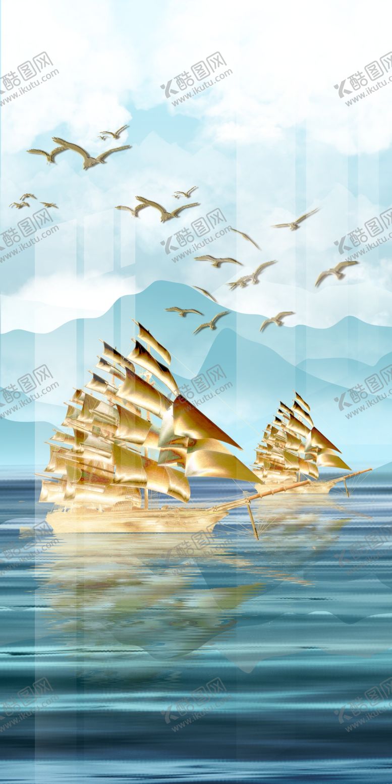 编号：27906009121820086471【酷图网】源文件下载-山水金色帆船装饰画