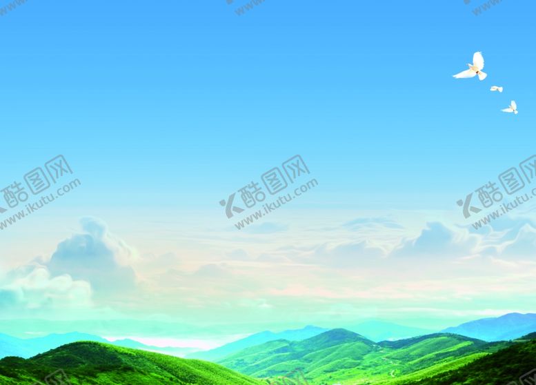 编号：86424409261835344118【酷图网】源文件下载-绿水青山白云蓝天鸟飞背景