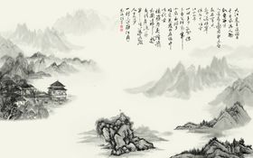 山水画小亭小桥背景墙