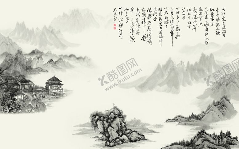 编号：66026907061141015476【酷图网】源文件下载-水墨山水小亭背景墙