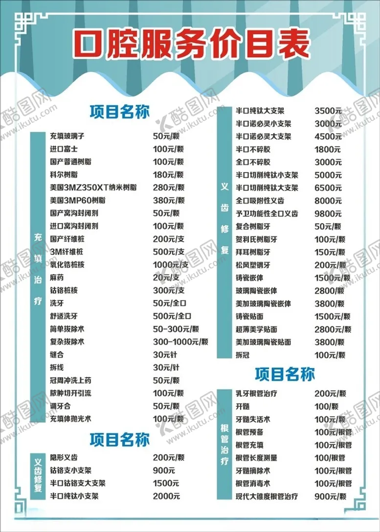 编号：30075602071310467987【酷图网】源文件下载-口腔服务价格表