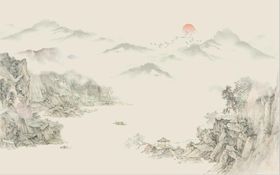 中式水墨山水国画电视背景墙装饰风瀑布