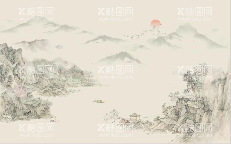 编号：42043812200113284444【酷图网】源文件下载-中式水墨山水国画电视背景墙