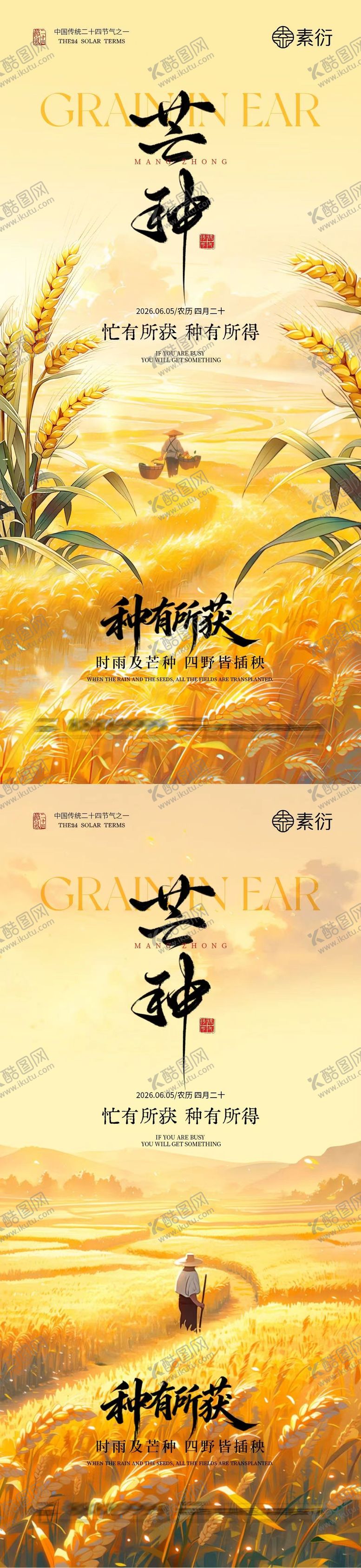 编号：13286705250021024845【酷图网】源文件下载-芒种节气小麦稻田中式插画海报