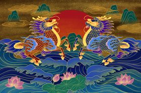 麒麟传统国风插画卡通背景素材