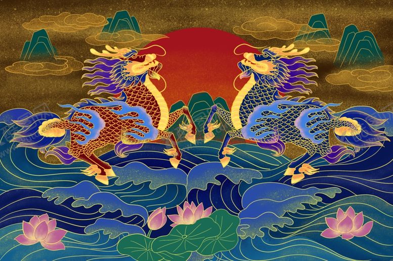 编号：49766606190116043390【酷图网】源文件下载-麒麟传统国风插画卡通背景素材