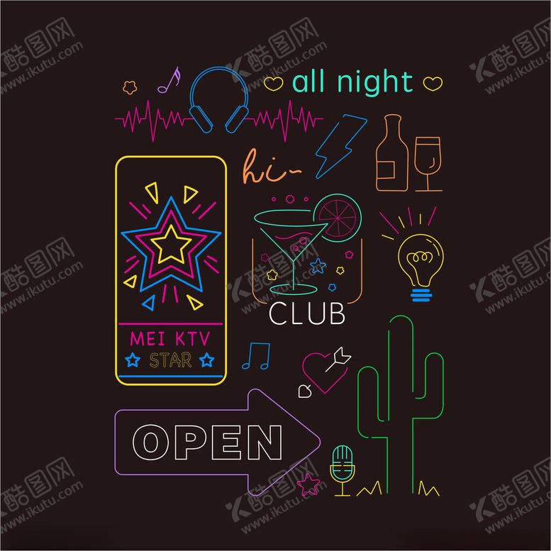 编号：59733910042109259935【酷图网】源文件下载-霓虹风格夜店开放标识